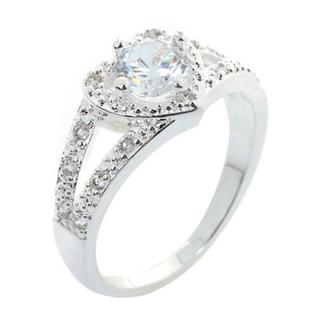 Women Chic Sterling Silver Crystal Heart Shaped Love Wedding Ring - Image 3