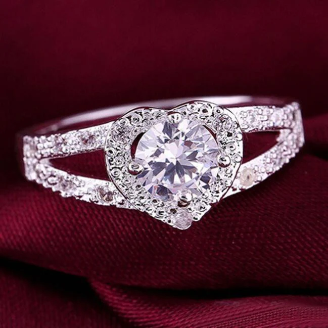 Women Chic Sterling Silver Crystal Heart Shaped Love Wedding Ring - Image 4